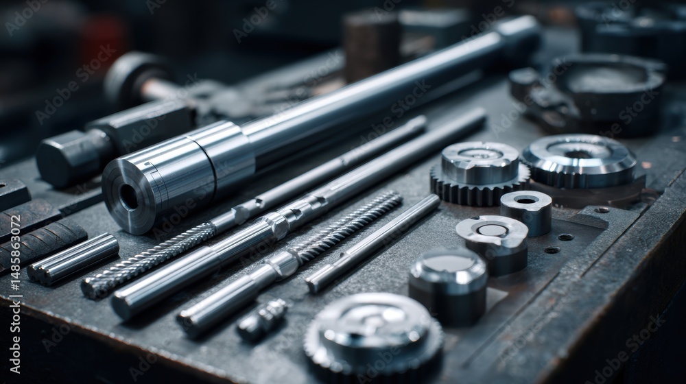 Alignment pump. Close-up of various industrial metal tools and components on a work surface. Alignment pump. Close-up of various industrial metal tools and components on a work surface.