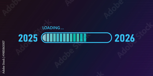 Blue loading bar from 2025 to 2026 on a dark blue and black background. New Year concept