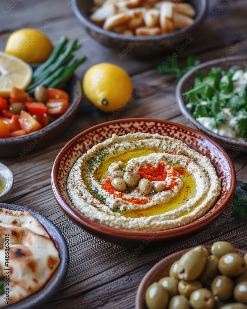 Middle Eastern mezze platter featuring hummus, olives, vegetables, and bread Middle Eastern mezze platter featuring hummus, olives, vegetables, and bread