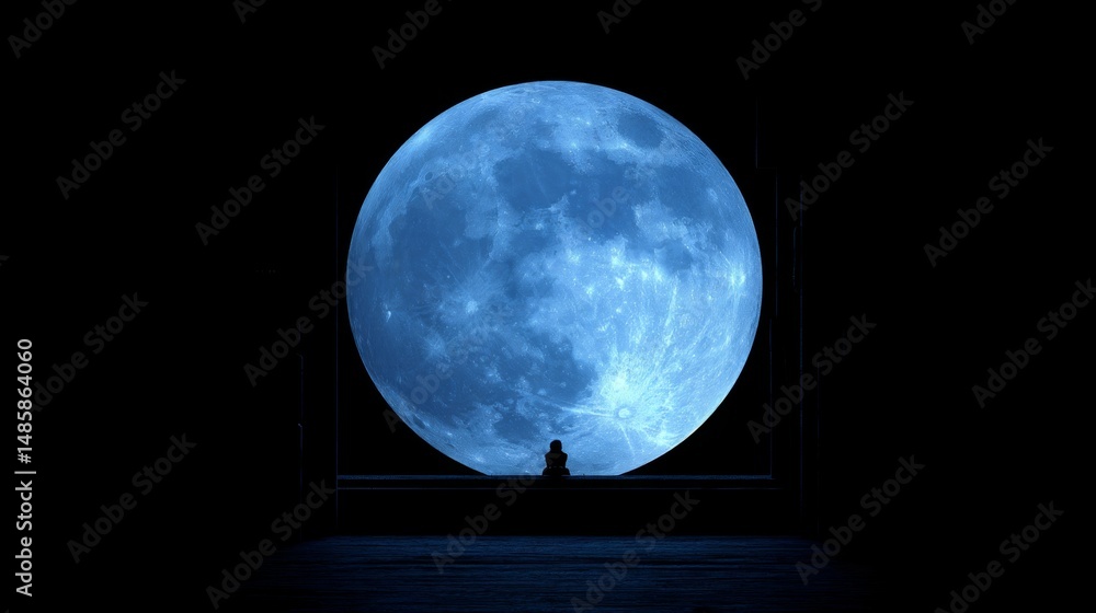Naklejka premium A Solitary Figure Gazes at a Massive Blue Moon Illuminating a Dark Sky in a Serene and Enigmatic Night Scene