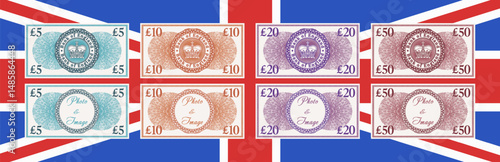 Vector set of England play money. Collection of vintage symmetrical banknotes of 5, 10, 20 and 50 pounds. Retro imperial patterned notes. Royal crown and empty circle in center. Samples and template