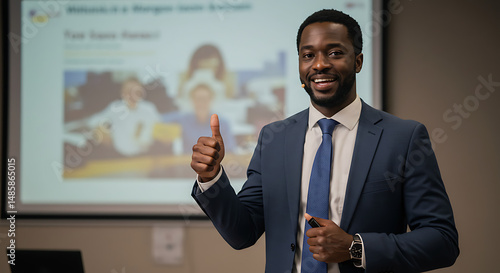 Confident Businessman Giving Presentation, Thumbs Up
