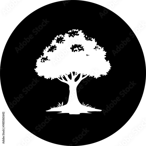 Symmetrical arboreal silhouette against striking dark backdrop in monochrome style