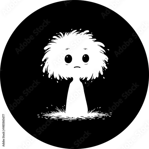 Monochrome vector illustration of a melancholic fluffy character in a circle