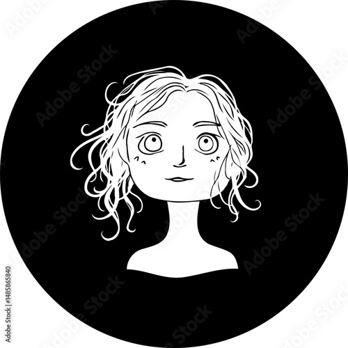 Stylized monochrome portrait illustration of a youthful figure inside a circle