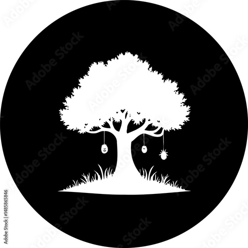 Monochrome arboreal illustration with stylized ornaments amidst darkness