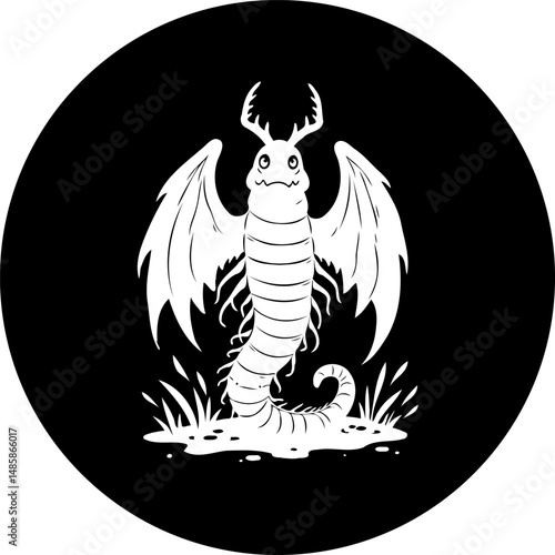 Whimsical creature with wings and antlers in a monochromatic design, symbol