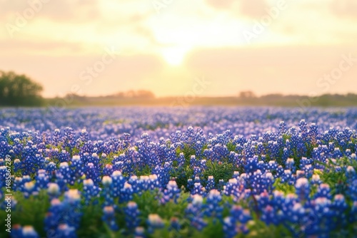 expansive field of vibrant blue and white wildflowers under a glowing sunrise sky creating a peaceful and serene atmosphere