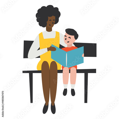 Adult woman reading a book with a kid