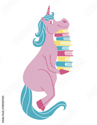 Unicorn holding a stack of books