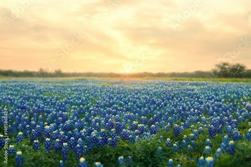 Vast field of blue and white wildflowers blooming under a soft golden sunset sky with distant trees on the horizon