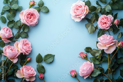 Delicate pink roses and buds arranged on vibrant blue background creating a fresh and romantic floral frame