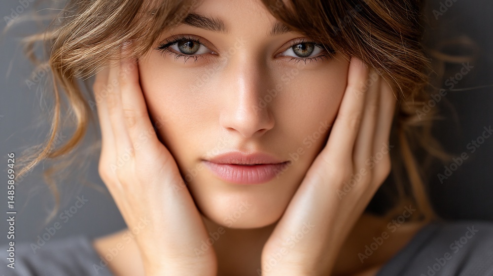 Obraz premium Woman, hands on face, calm expression