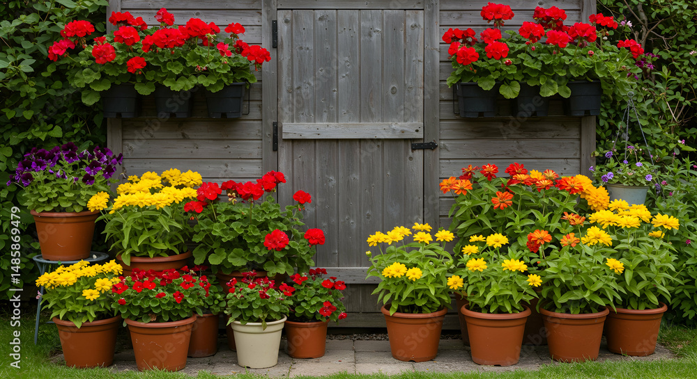 Naklejka premium Flowers, Flowerpots, Geraniums, Colorful Flower Pots in Front of a Shed