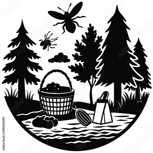 Black Silhouette Lake Tree Stump Picnic Basket