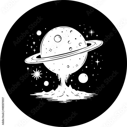 Monochrome planetary scene with rings rising from a celestial, mysterious terrain