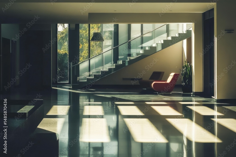 Fototapeta premium Modern Interior with Sunlit Staircase