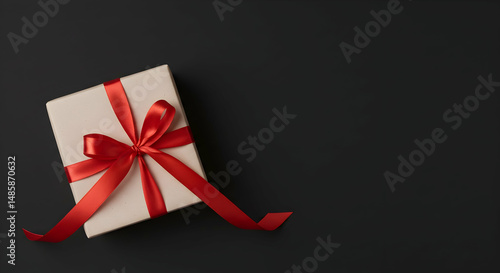 Present, Paper, Holiday, Kraft Gift Box with Red Ribbon Bow on Black Background