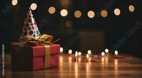 Present, Red, Gold, Birthday Gift Box with Party Hat and Lights