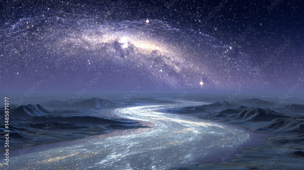 Naklejka premium Cosmic River Flowing Through Starry Night Sky with Milky Way and Distant Galaxies Illuminating the Landscape Beauty