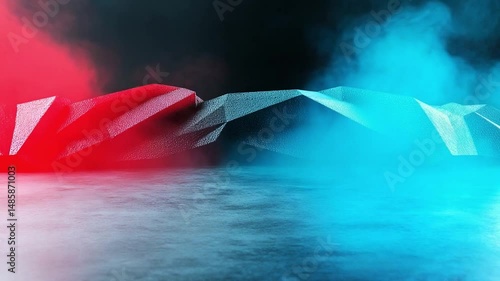 Abstract geometric shapes in vibrant red and blue colors with foggy background and dramatic lighting