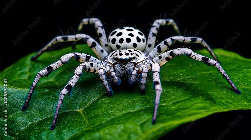Fototapeta premium Stunning Closeup of a White and Black Spotted Jumping Spider on a Green Leaf