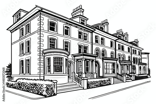 Elegant Georgian Townhouse Line Art Vector | Classic British Architecture Illustration