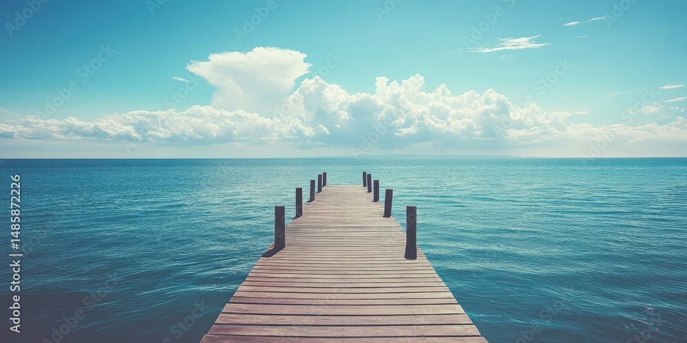 Obraz premium Serene wooden pier extends into tranquil turquoise ocean under a bright sky dotted with fluffy clouds. Peaceful, idyllic seascape