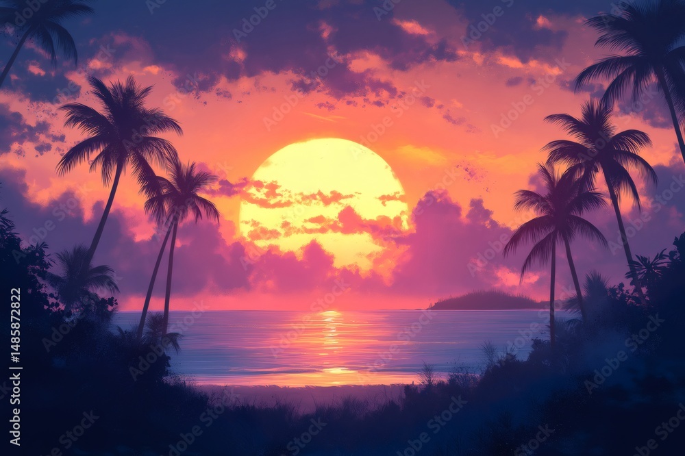 Naklejka premium Big sun setting over a tropical island, casting vibrant silhouettes of palm trees against a stunning, colorful sky filled with orange, pink, and purple hues