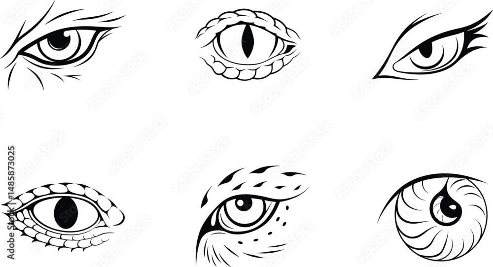 Obraz premium Collection of stylized animal eyes black and white vector illustration