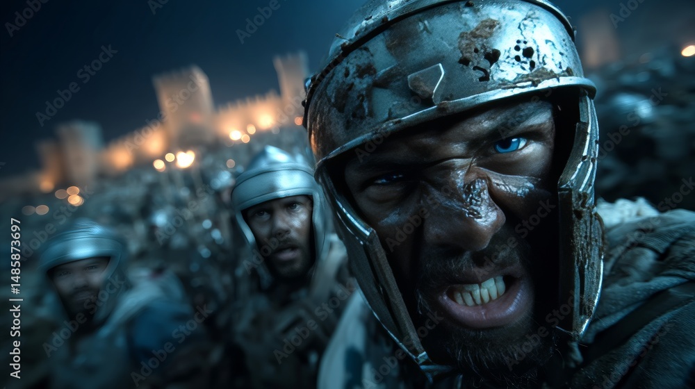 Siege of a mountain fortress with soldiers preparing for battle and trebuchets Siege of a mountain fortress with soldiers preparing for battle and trebuchets