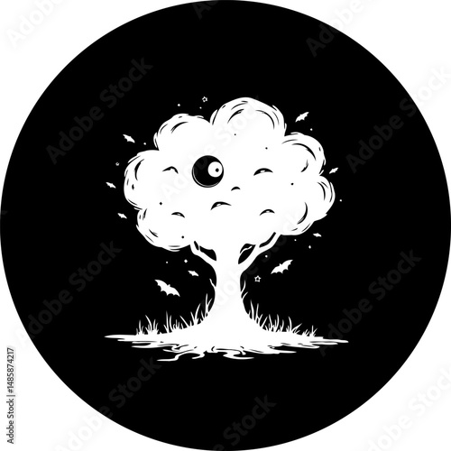 Mysterious eyeball tree silhouette glowing with eerie beauty in darkness