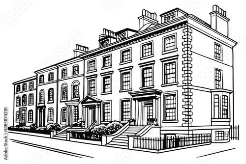 Elegant Georgian Townhouse Line Art Vector | Classic British Architecture Illustration