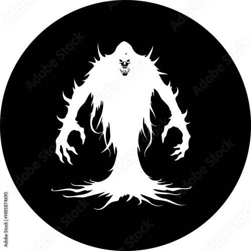 Abstract spectral entity, menacing silhouette within stark circular contrast design