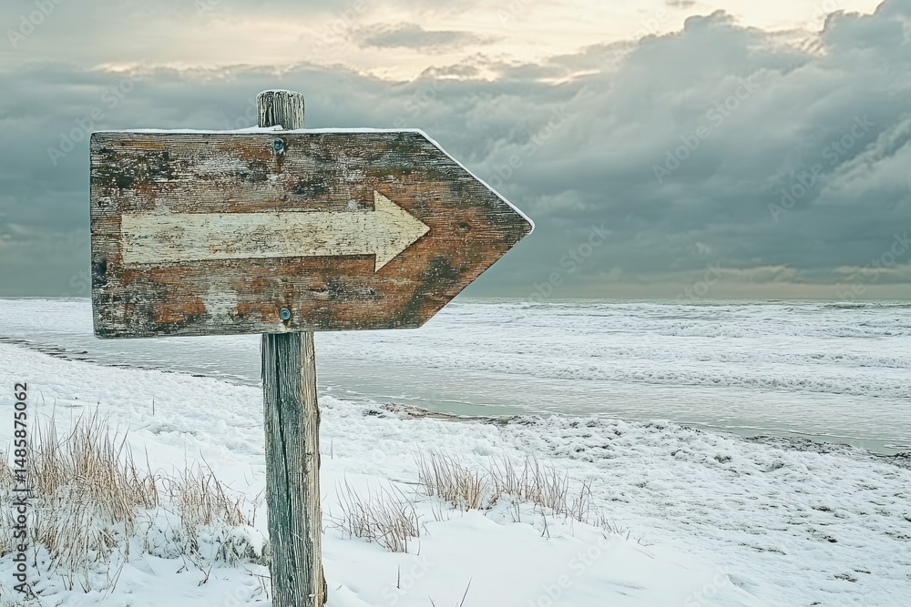 Naklejka premium Weathered wooden arrow sign on snowy beach points left