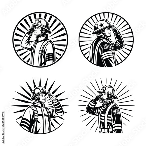 Four black and white firefighter illustrations in salute with sunburst and circular border design