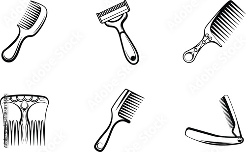 Line art illustration showcasing different combs and a hair shaper on white background