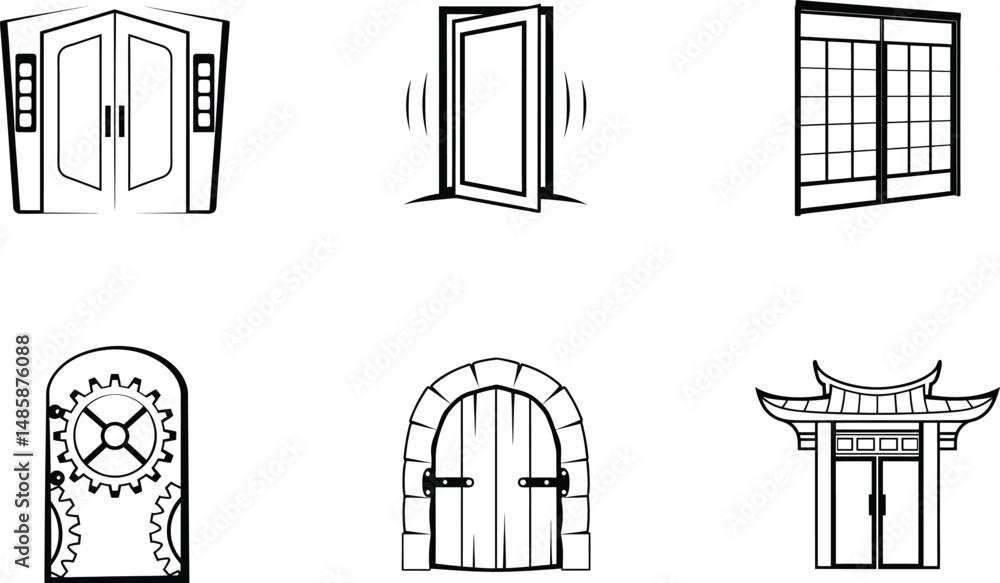 Obraz premium Diverse door collection black and white vector illustration set different styles
