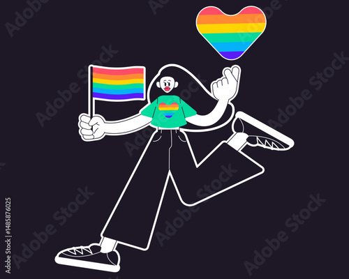 Cheerful character with rainbow flag. Pride month concept. LGBT sticker. Modern isolated vector illustration.