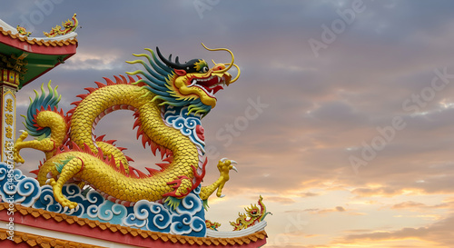 Wallpaper Mural Clouds, Sky, Asian, Golden Dragon Statue on Temple Roof at Sunset Torontodigital.ca