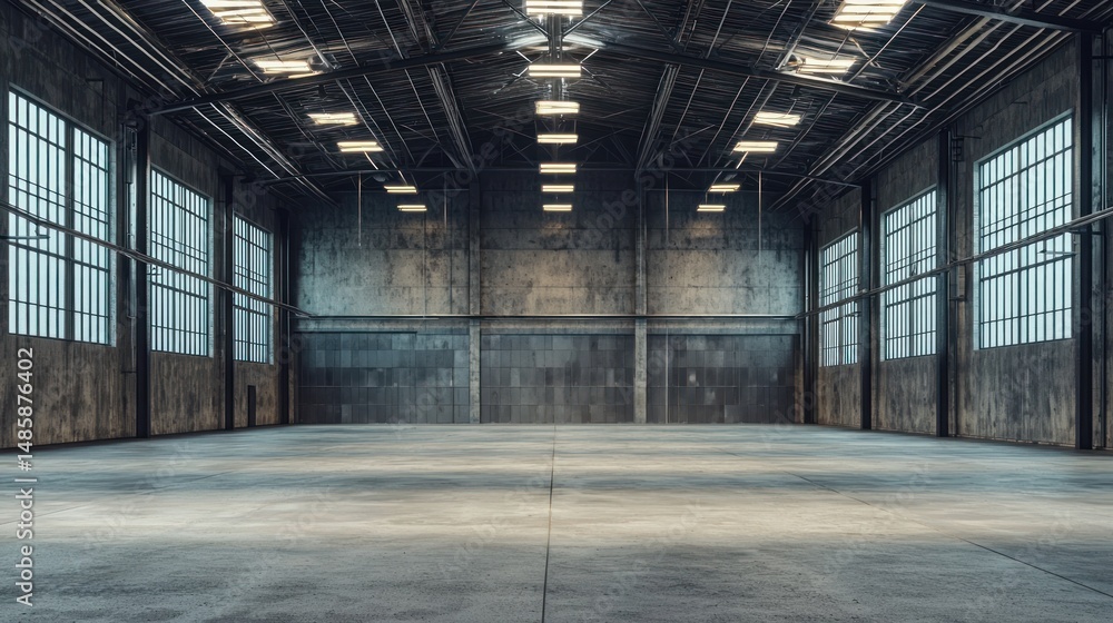 A large, empty warehouse with concrete floors and high ceilings, featuring large windows on the left and right sides, and a metal ceiling with exposed beams. A large, empty warehouse with concrete floors and high ceilings, featuring large windows on the left and right sides, and a metal ceiling with exposed beams.