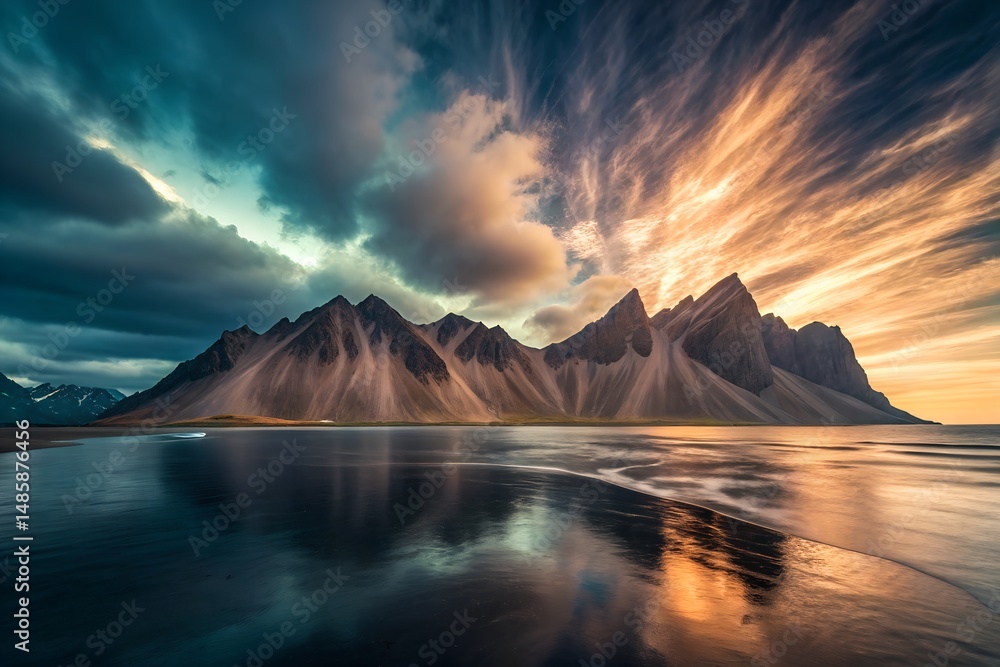 Fototapeta premium Dramatic Mountain Range Reflection in Calm Ocean Under Fiery Sunset Sky