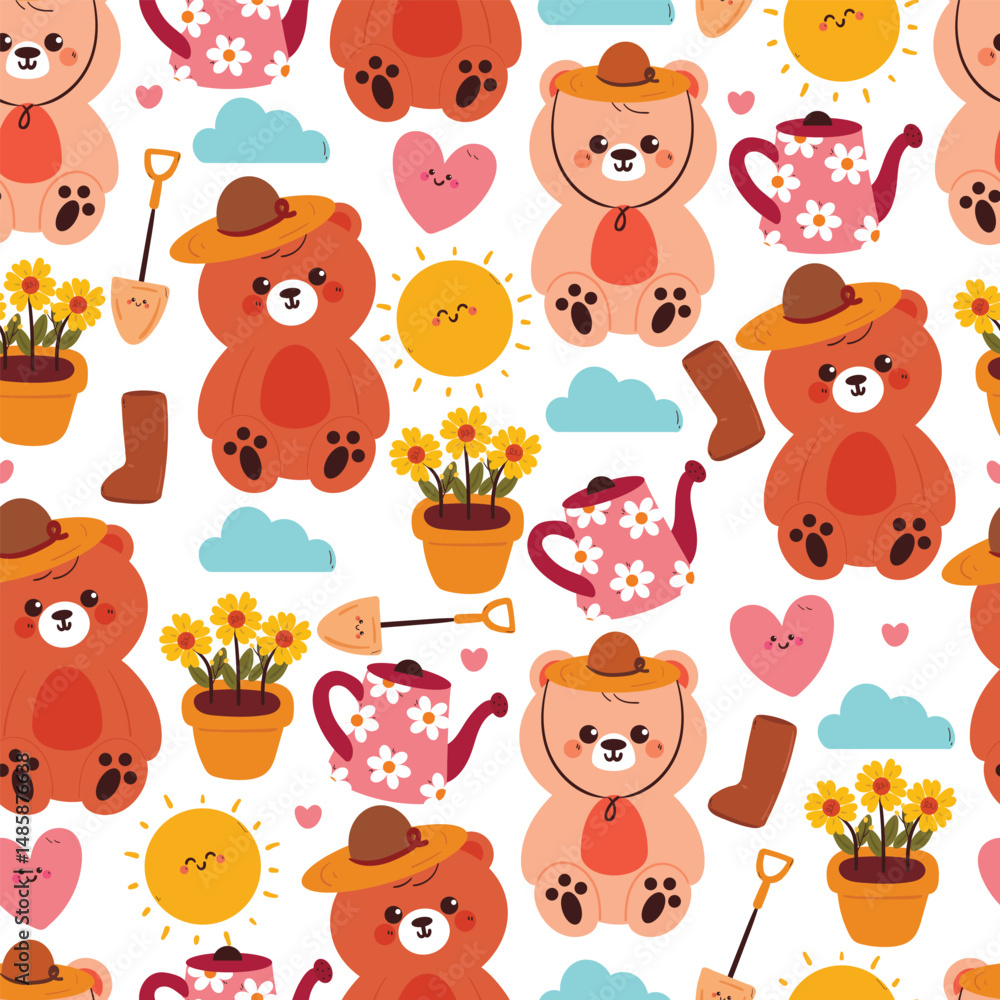 Fototapeta premium seamless pattern cute cartoon bear with flower and water pot. cute animal drawing for spring wallpaper and background