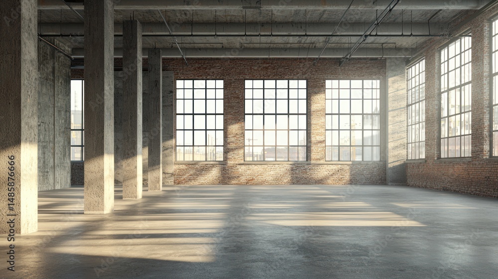 Naklejka premium A spacious, open, industrial-style loft with exposed concrete and brick walls, large windows, and a concrete floor.
