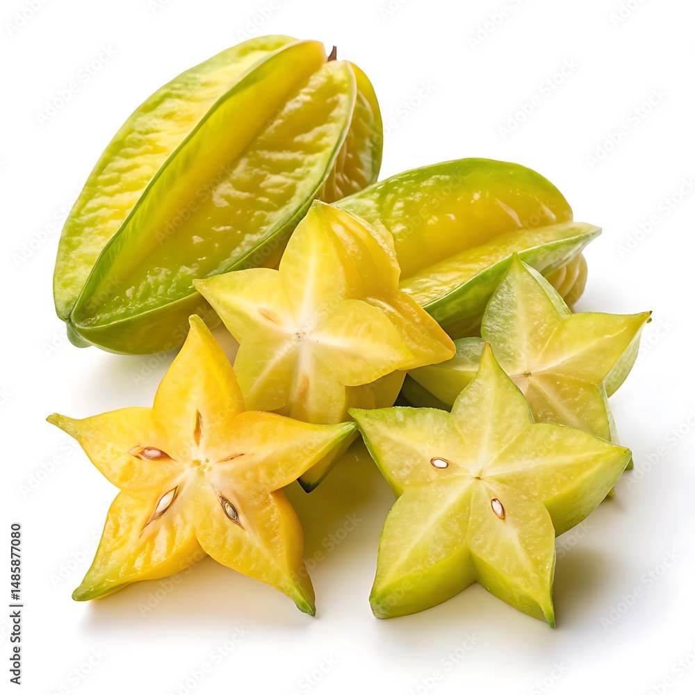 Fototapeta premium Close up of star fruit whole and sliced on a white background