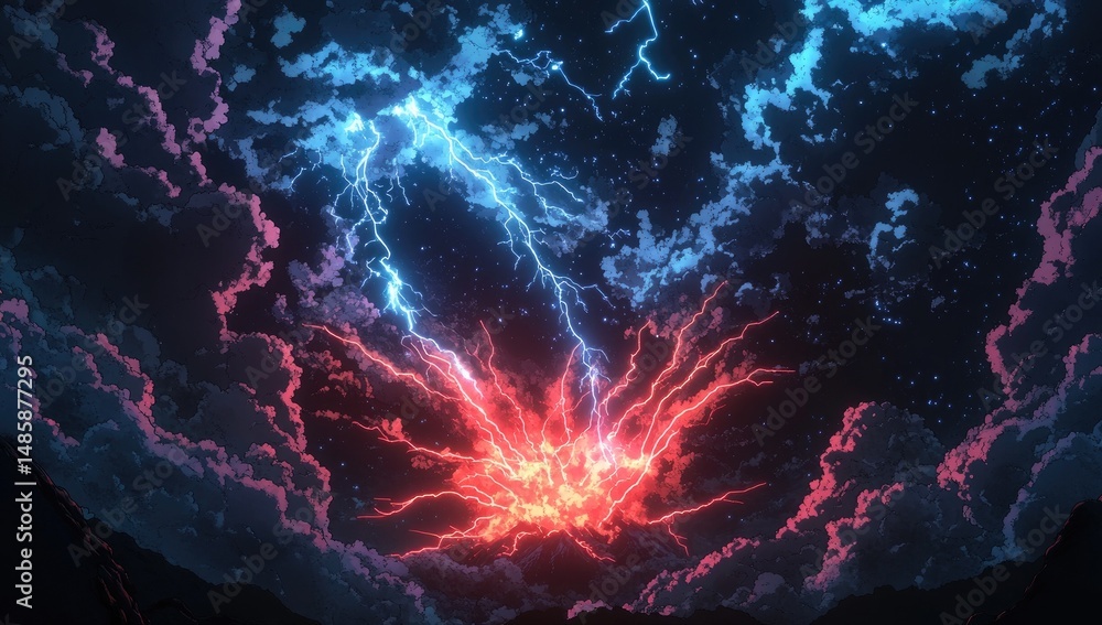 Obraz premium Stormy night sky with vibrant lightning