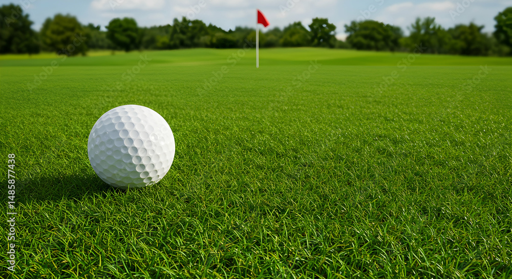 Obraz premium Golf course, Grass, Fairway, Golf Ball on Green with Flag in Background