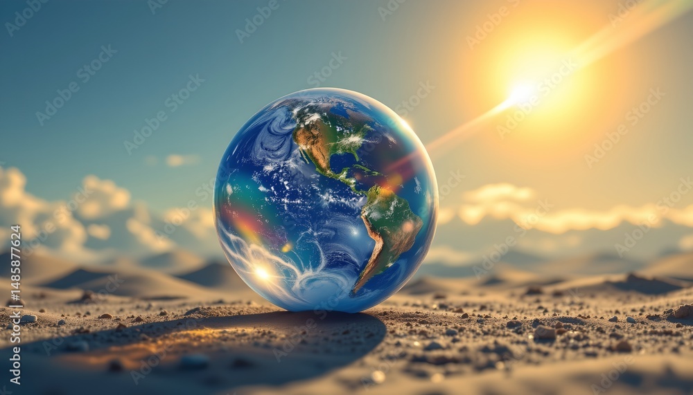 a single bubble showing earth's reflection floating in bright empty sky, surreal environmental metaphor, no logos a single bubble showing earth's reflection floating in bright empty sky, surreal environmental metaphor, no logos