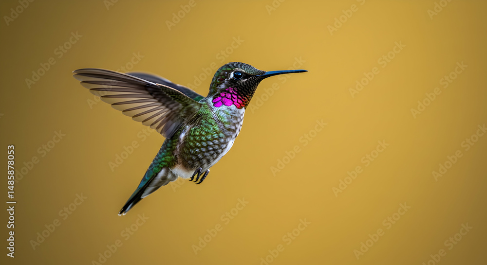 Fototapeta premium Flying, Wings, Feathers, Anna's Hummingbird in Flight Against Golden Background