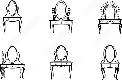 Collection of dressing table silhouette designs with oval mirrors and drawers